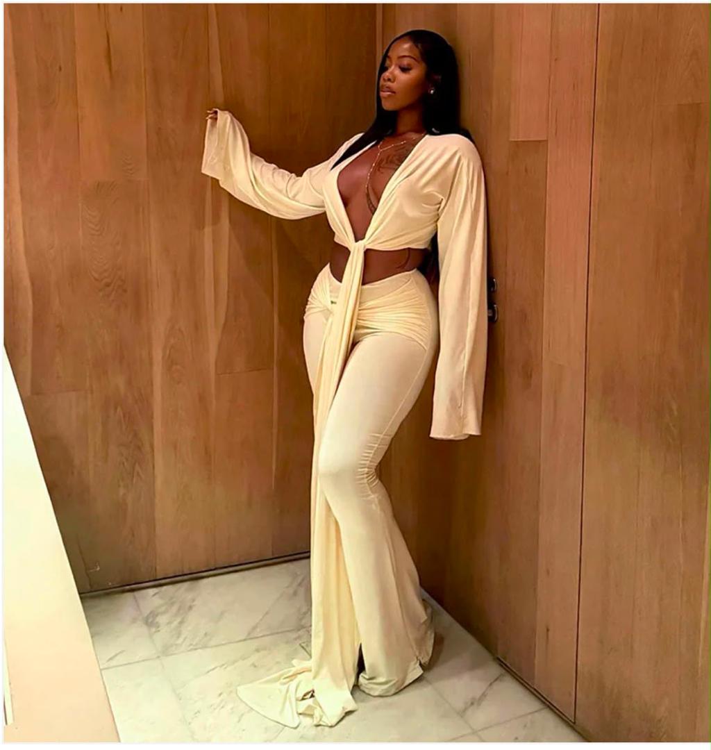 Women’s Hollow Out Drama Sleeve Top & Ribbon Pants Set