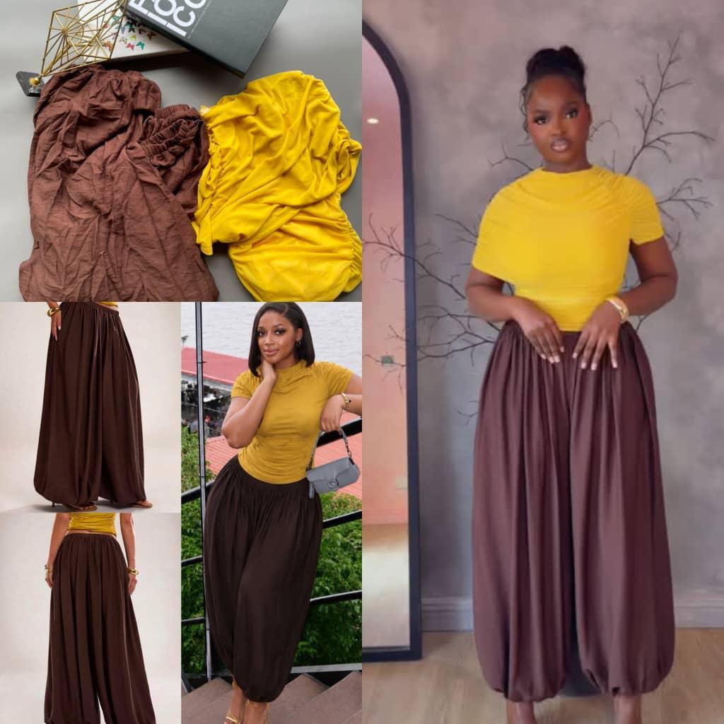 Women’s Boho Lantern Tapered Pants & Mesh Ruched Top Set