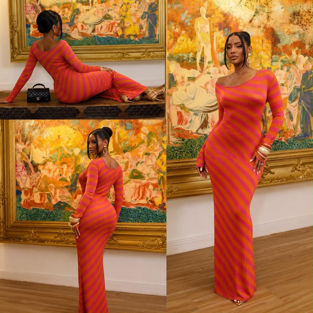 Women’s Off-Shoulder Striped Knit Maxi Dress