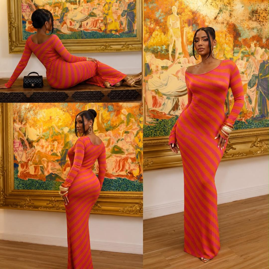 Women’s Off-Shoulder Striped Knit Maxi Dress