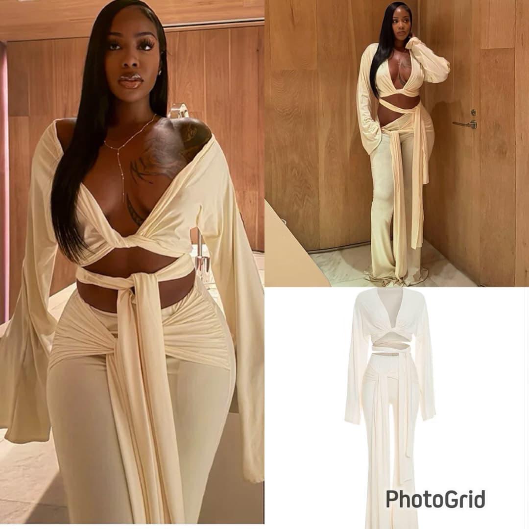Women’s Hollow Out Drama Sleeve Top & Ribbon Pants Set