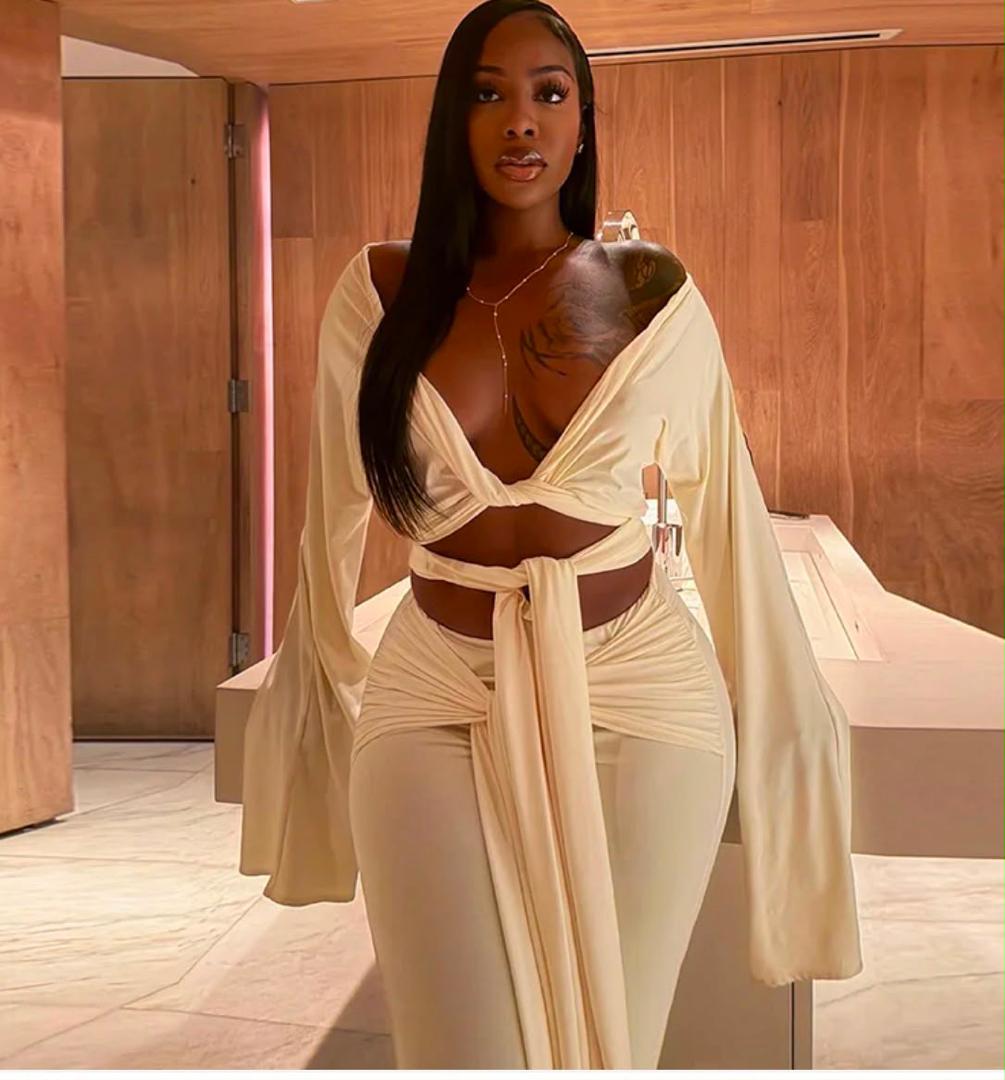 Women’s Hollow Out Drama Sleeve Top & Ribbon Pants Set