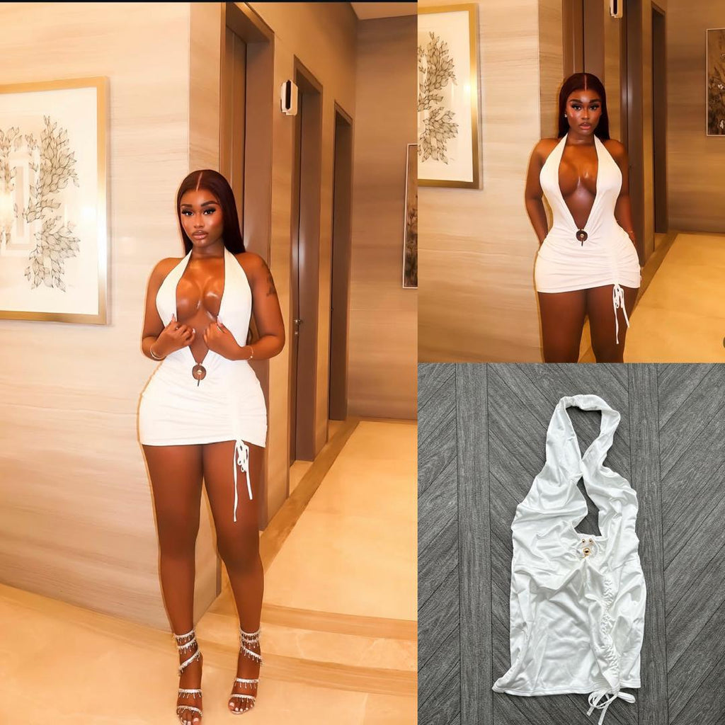 Women’s Luxury Sexy Mini Dress – Deep V Metal Ring Detail