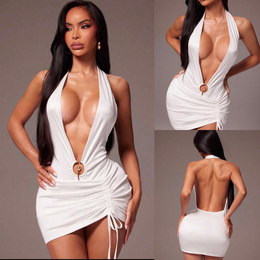 Women’s Luxury Sexy Mini Dress – Deep V Metal Ring Detail