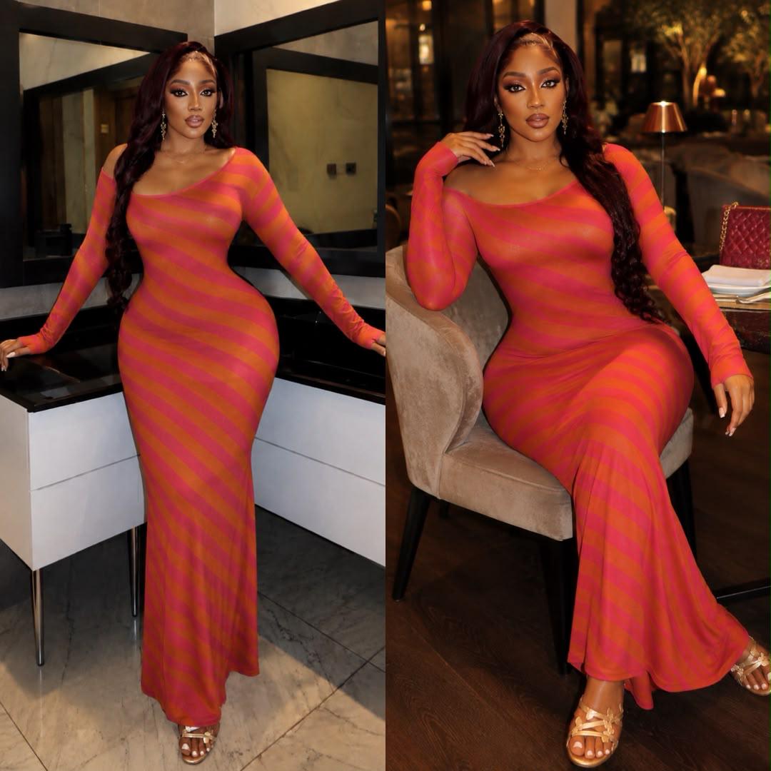 Women’s Off-Shoulder Striped Knit Maxi Dress
